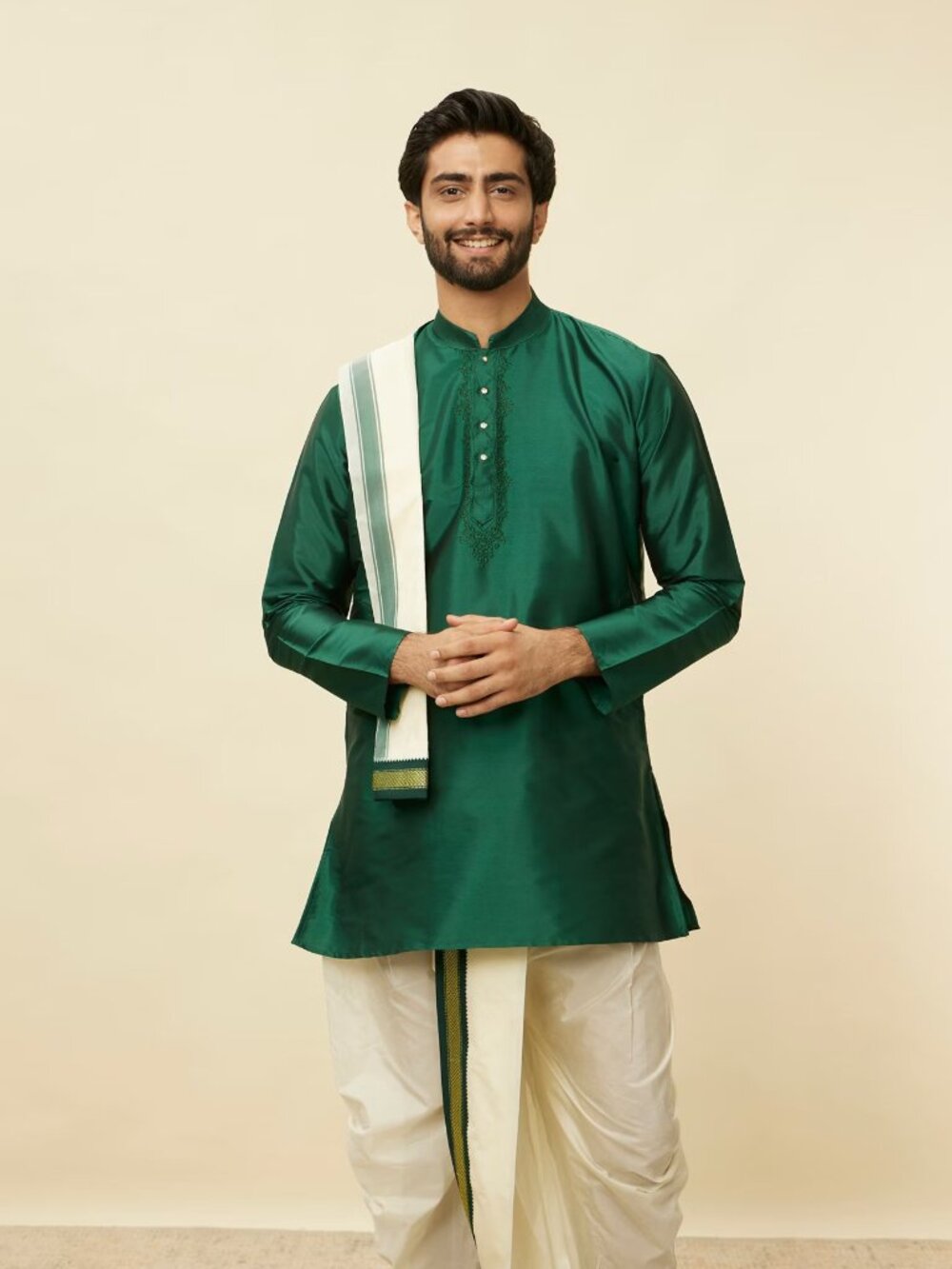 Forest Green and Cream Zari Detailed Traditional South Indian Dhoti Set